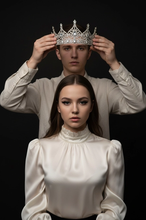 Используй эти два фото мужчины и женщины и создай драматическую и элегантную сцену- портрет . В центре композиции — молодая женщина. Она одета в блестящую светлую блузу с высоким воротом и пышными рукавами, что придаёт её образу аристократичность и утончённость. Её взгляд устремлён прямо в камеру, выражение лица серьёзное и немного отстранённое, губы слегка приоткрыты.  Ее ресницы прокрашены черной тушью.
  
Позади неё стоит мужчина. Он одет в светлую рубашку с длинными рукавами. Мужчина аккуратно держит над головой женщины искусно выполненную корону с богатым филигранным орнаментом и крупными сверкающими драгоценными камнями. Его поза и выражение лица подчёркивают торжественность момента — он выглядит сосредоточенным и серьёзным.  
  
Фон фотографии абсолютно чёрный, что создаёт сильный контраст с персонажами и подчёркивает блеск короны и одежды. Композиция кадра акцентирует внимание на символизме момента: коронация, власть, благородство и, возможно, некая драма или напряжение между персонажами. Общая атмосфера снимка — величественная, загадочная и немного театральная.  Корона цвета белого золота.