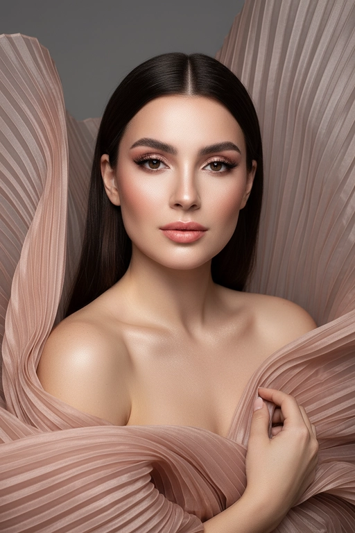    Создайте гиперреалистичный профессиональный студийный портрет женщины с волосами, уложенными на ровный пробор посередине, которые каскадом ниспадают на левое плечо (справа от зрителя) и частично скрыты за правым плечом (слева от зрителя). Камера снимается с немного низкого уровня глаз, глядя прямо на модель, охватывая ее от середины груди и выше. Голова слегка наклонена, взгляд прямой и притягательный.
Ее кожа безупречно гладкая и интенсивно сияет, словно подсвеченная мощным, сфокусированным источником света, подчеркивая мельчайшие поры и естественную текстуру кожи с сияющим, почти воздушным свечением, особенно в области декольте, плеч и верхних линий лица.

Её макияж тщательно проработан:
Глаза: чётко очерченные, ухоженные брови с заметными волосками, мягкие тени тёплых тонов (персиково-розовые и светло-коричневые) с лёгким мерцанием, чёткая чёрная подводка для глаз, создающая нежный кошачий взгляд, и идеально распущенные, объёмные ресницы, подчеркивающие каждую ресничку, с лёгким акцентом на нижних ресницах. Во внутреннем уголке глаза выделяется яркий блик. Радужки глаз отражают рассеянный студийный свет с изысканными узорами.
Щёки: лёгкий, растушёванный румянец натурального розового или персикового оттенка, изящно очерченные скулы и интенсивный, почти влажный блик на выступающих частях лица (скулы, переносица, дуга Купидона), создающий эффект увлажненности и сияния. Губы: губы нежного, естественного кораллово-розового или розово-персикового цвета с мягким атласным финишем, подчеркивающим тонкие естественные линии и текстуру губ, с лёгким бликом на дуге Купидона.

Она изящно одета в объёмную, струящуюся ткань с изящной плиссировкой, напоминающую прозрачный атлас или шёлк. Плиссированная ткань эффектно обрамляет фигуру, создавая объёмную, почти органичную форму, которая высоко поднимается за головой и огибает левое плечо (правое для зрителя), изящно струясь по груди и открывая обнажённые плечи. Материал обладает лёгким, сияющим блеском и мягкой полупрозрачностью, улавливая и отражая студийный свет, подчёркивая его роскошную текстуру и плавные движения. Складки очень детализированы, создавая глубокие тени и яркие блики, которые подчёркивают волнистую форму, а некоторые участки ткани также демонстрируют повышенную светоотражающую способность. Её правая рука (левая для зрителя) нежно касается ткани у груди, на ней видны ухоженные ногти. Освещение выполнено по принципу софтбокса, но с более сильным, концентрированным основным светом для создания интенсивного свечения, сохраняя при этом мягкие тени, которые подчёркивают черты её лица и изгибы плеч без резкости. Фон — гладкий, однотонный средне-серый, обеспечивающий чистый контраст и полностью фокусирующийся на модели. Общее впечатление — утончённая элегантность, изящество и гиперреалистичная детализация, передающая каждый нюанс её красоты, выражения лица и сложную текстуру её волос, кожи и одежды. Черты лица и особенности её внешности должны быть точно воспроизведены с референсной фотографии. Плиссированная ткань нежного, приглушённого персикового или пыльно-розового цвета