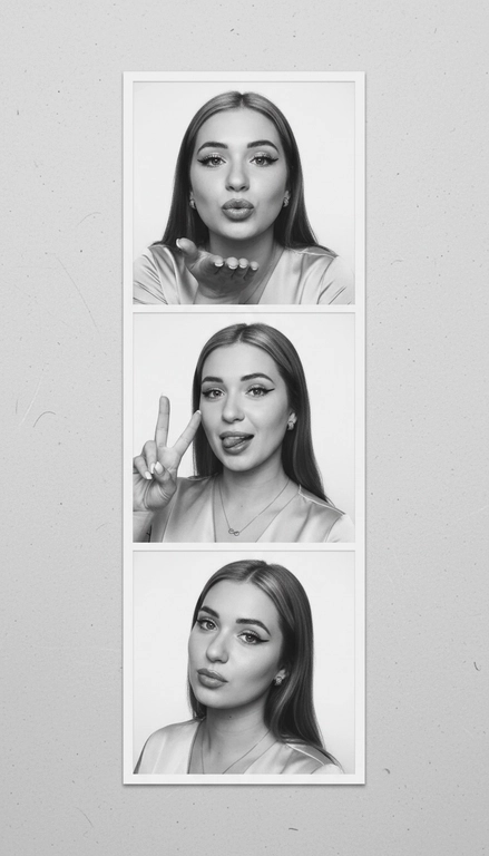  Используя мою фотографию в качестве референса для лица и волос, не изменяя исходные черты лица и сохраняя верность моим физическим характеристикам, создайте ленту из фотографий в ч/б с тремя вертикальными белыми рамками. Лента выглядит так, будто лежит на столе или фоне. Фотографии выглядят профессионально , как будто из настоящей фотобудки. 

В каждой рамке по центру расположены портрет и фотография погрудной проекции одного и того же человека. Взгляд прямо в камеру.

Общая эстетика винтажная, с лёгкой зернистостью и выцветшим качеством, напоминающая классическую аналоговую фотографию. Но при этом изображение выполнено в высоком разрешении. На светло-сером фоне видны едва заметные следы пыли и царапин. Лица человека на белом фоне. 
НЕ ИЗМЕНЯЙТЕ МОЁ ЛИЦО. На верхнем фото девушка посылает зрителю воздушный поцелуй, поднеся правую руку ко рту и слегка поджав губы. Выражение её лица игривое и дружелюбное.  На среднем фото девушка мило и игриво показывает знак мира, высунув язык. Брови слегка приподняты. На нижнем фото девушка позирует, отвернувшись к плечу, смотрит прямо в камеру с более спокойным и уверенным выражением лица. Губы мягко сжаты, взгляд прямой и чувственный. ОДЕЖДА: На ней маленькие серьги-кольца и изящное ожерелье с символом бесконечности поверх светлого атласного или шёлкового топа. На ней естественный макияж, включая глянцевый блеск для губ, лёгкую подводку для глаз и кукольные нарощенные ресницы, без излишеств. У неё квадратный французский маникюр. 