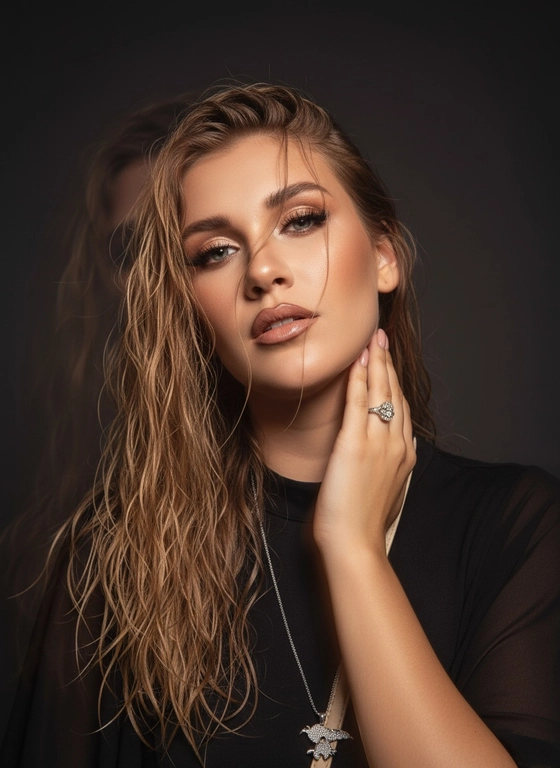 Создайте портрет женщины с длинными, волнистыми, влажными волосами, свободно ниспадающими на плечи, некоторые пряди прилипают к лицу. Она чувственно смотрит в камеру, слегка откинув голову назад, словно наслаждаясь мгновением покоя или чувственности. Её рука нежно лежит на шее, на пальце – эффектное сверкающее кольцо. Плечи опущены. Тёмный, почти однотонный и размытый фон подчёркивает силуэт и лицо женщины. Весь образ мастерски передан с помощью размытия в движении и световых бликов, которые создают ощущение естественного, сказочного движения головы и руки. Мягкие, тёплые тона, лёгкое свечение кожи и губ создают интимную, чувственную и таинственную атмосферу. Эффекты: размытие в движении, художественная длительная выдержка, тёплые тона, атмосфера сновидения. Макияж выразительный: длинные чёрные ресницы, бежевые тени с лёгким мерцанием, выразительные контуры и румяна, безупречная кожа и пухлые губы с нюдовым блеском и тёмно-коричневым карандашом для губ. Ухоженные брови с эффектом Bravenlifting. Длинные, заостренные ногти. Реалистичное фото, как будто снято на профессиональную камеру. Сохраните черты лица такими, какие они есть.