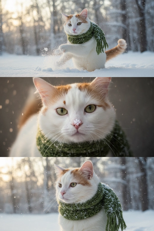     Коллаж из 3-Х фото моего питомца на зимнем фоне в снегу. Питомец в вязаном шарфе, вокруг падает снег, на заднем плане заснеженный лес.

Первый кадр — питомец в полный рост. Он играется со снегом 

Второй кадр — крупный план, увеличенный кадр мордочки питомца с одной снежинкой на носике. Мордочка питомца занимает весь кадр, взгляд прямо в камеру 
 
Третий кадр - портрет питомца, он смотрит в левую сторону. На фото виден шарф, на шарфу есть снежинки 

Три кадра объединены в вертикальный коллаж в едином тоне и свете. Атмосфера — реалистичная, теплая и немного кинематографичная.
Свет мягкий, утренний. Цвет шарфа - зеленый