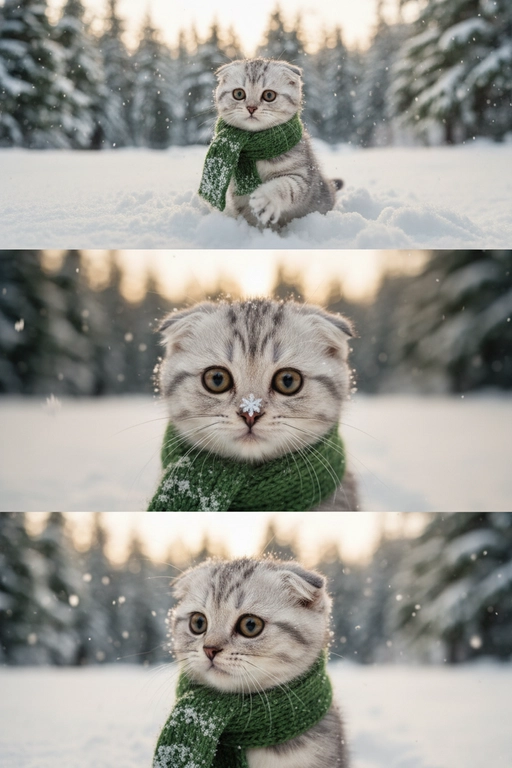     Коллаж из 3-Х фото моего питомца на зимнем фоне в снегу. Питомец в вязаном шарфе, вокруг падает снег, на заднем плане заснеженный лес.

Первый кадр — питомец в полный рост. Он играется со снегом 

Второй кадр — крупный план, увеличенный кадр мордочки питомца с одной снежинкой на носике. Мордочка питомца занимает весь кадр, взгляд прямо в камеру 
 
Третий кадр - портрет питомца, он смотрит в левую сторону. На фото виден шарф, на шарфу есть снежинки 

Три кадра объединены в вертикальный коллаж в едином тоне и свете. Атмосфера — реалистичная, теплая и немного кинематографичная.
Свет мягкий, утренний.  Цвет шарфа - зеленый ,ушки вислоухие кот шотландец 