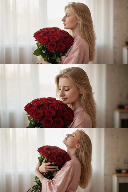 Не меняй черты лица, оставь их точь в точь как на загруженном фото, в том числе макияж и волосы.
Композиция из триптиха изображает женщину дома с цветами
На ней свободная пижама кимоно в пол нежно розового цвета.

На верхнем кадре портрет крупным планом, женщина смотрит в камеру лицо боком в руках у неё огромный букет. На заднем плане светлая стена размыты.

На центральном кадре сверхкрупный план, та же девушка, ее голова слегка наклоненная вперед, она принюхивается к букету, ее глаза закрыты, на лице легкая улыбка.  Кадр снятый с очень близкого расстояния, видно только часть огромного букета и лица  

На нижнем кадре портрет крупным планом изображена всё та же женщина, голова запрокинута вверх глаза закрыты, прижимает все тот же огромный букет к груди

Цветовая палитра приглушена, с нежными розовым, белым
Общий стиль наводит на романтику. Присутствует видимая зернистость.  Букет цветов красные розы 