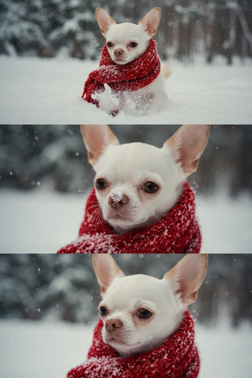     Коллаж из 3-Х фото моего питомца на зимнем фоне в снегу. Питомец в вязаном шарфе, вокруг падает снег, на заднем плане заснеженный лес.

Первый кадр — питомец в полный рост. Он играется со снегом 

Второй кадр — крупный план, увеличенный кадр мордочки питомца с одной снежинкой на носике. Мордочка питомца занимает весь кадр, взгляд прямо в камеру 
 
Третий кадр - портрет питомца, он смотрит в левую сторону. На фото виден шарф, на шарфу есть снежинки 

Три кадра объединены в вертикальный коллаж в едином тоне и свете. Атмосфера — реалистичная, теплая и немного кинематографичная.
Свет мягкий, утренний.  Цвет шарфа - красный 
