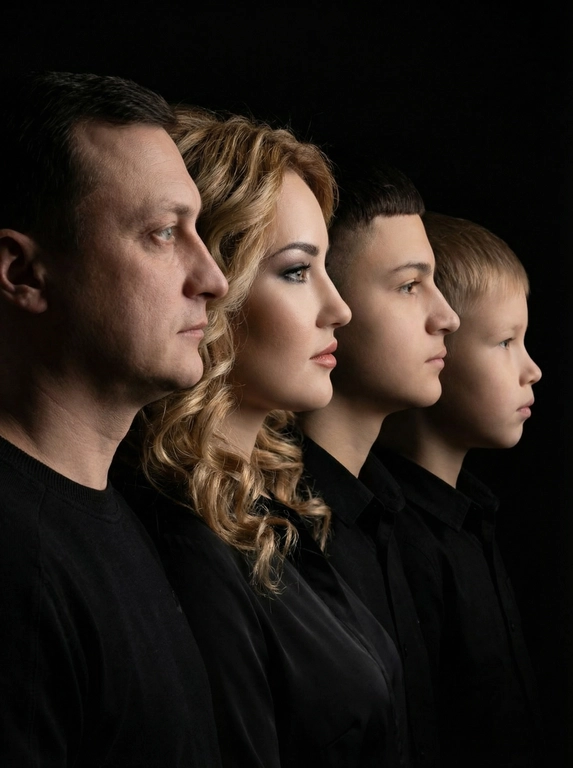 Профессиональный студийный портрет с низким контрастным светом. Головы расположены строго в одну линию. боковой профиль, взгляд влево. У всех видны только головы и немного плечи. Головы занимают весь кадр. Черный фон. Черная одежда у всех. Расположи их в таком порядке: Папа мама дети 