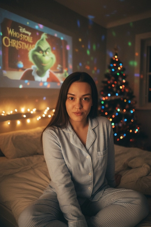 Атмосферный портрет человека, сидящий на кровати в уютной комнате. Не меняй черты лица ни на 1%. Человек смотрит в камеру. На человеке хлопковая голубая пижама в белую полоску. 
Теплое освещение от мерцающих гирлянд и рождественской ёлки. На заднем плане - проекция с фильмом или мультфильмом создающая нотку ностальгии.
Кинематографичный кадр, малая глубина резкости, волшебная и уютная атмосфера. Фото в стиле 90-х, ретро -фильтр. Зернистость Мультфильм - Disney "Гринч новогодний".
