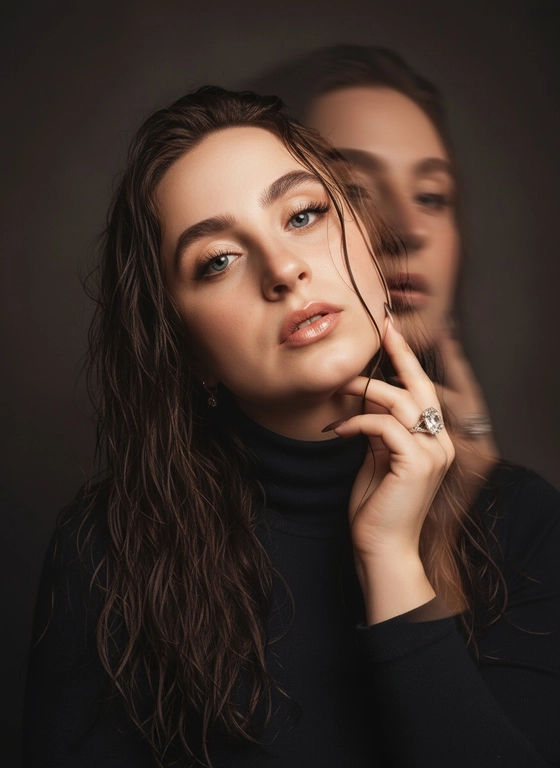 Создайте портрет женщины с длинными, волнистыми, влажными волосами, свободно ниспадающими на плечи, некоторые пряди прилипают к лицу. Она чувственно смотрит в камеру, слегка откинув голову назад, словно наслаждаясь мгновением покоя или чувственности. Её рука нежно лежит на шее, на пальце – эффектное сверкающее кольцо. Плечи опущены. Тёмный, почти однотонный и размытый фон подчёркивает силуэт и лицо женщины. Весь образ мастерски передан с помощью размытия в движении и световых бликов, которые создают ощущение естественного, сказочного движения головы и руки. Мягкие, тёплые тона, лёгкое свечение кожи и губ создают интимную, чувственную и таинственную атмосферу. Эффекты: размытие в движении, художественная длительная выдержка, тёплые тона, атмосфера сновидения. Макияж выразительный: длинные чёрные ресницы, бежевые тени с лёгким мерцанием, выразительные контуры и румяна, безупречная кожа и пухлые губы с нюдовым блеском и тёмно-коричневым карандашом для губ. Ухоженные брови с эффектом Bravenlifting. Длинные, заостренные ногти. Реалистичное фото, как будто снято на профессиональную камеру. Сохраните черты лица такими, какие они есть.