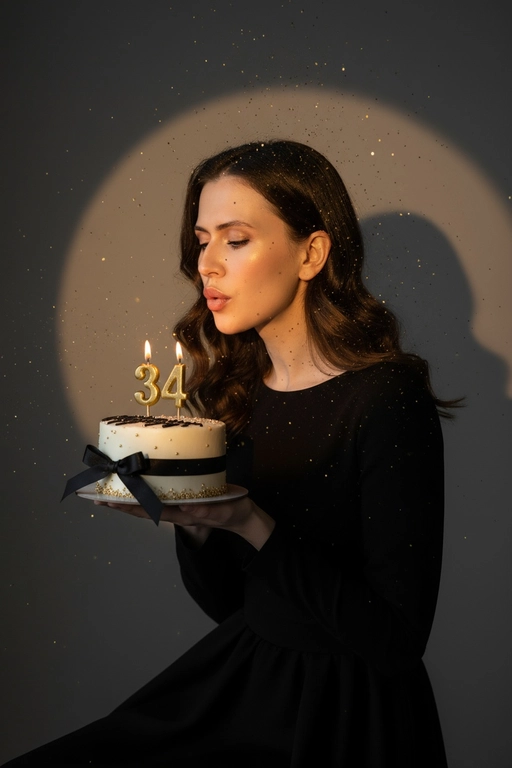 Фотореалистичный портрет женщины с точно таким же лицом, чертами, выражением и цветом волос, как на исходной фотографии - ничего не изменять. Атмосфера - день рождения: мягкий блеск свечи отражается на её лице, в воздухе лёгкие золотистые блёстки, создающие праздничное сияние. Фон темно-серый. Освещение студийное, контрастное, с кругом света на фоне, создающим выразительную тень. Волосы - волнистые, мягко подсвечены. Она немного стоит полубоком. Женщина держит в руках маленький праздничный торт, украшенным чёрными лентами и изящной цифрой из золотых свечей; Она сдувает свечу. Она одета в черное платье с рукавами . Свечки в виде цифр 34