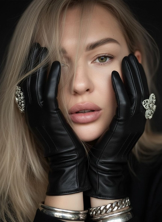 Модный портрет женщины, крупным планом,  в черных кожаных перчатках.  Руки частично заслоняют лицо. Перчатки создают интригующую композицию: одна рука закрывает часть лица, а другая лежит на противоположной стороне, тонко обрамляя нежные черты модели. Губы женщины видны, слегка приоткрыты, глаза открыты, голова слегка наклонена вперед. Несколько прядей волос свободно падают на ее лицо, добавляя ощущение движения. Текстура кожи очень детализирована, демонстрируя поры ее лица. Перчатки блестящие и плотно прилегающие, с тонкими, замысловатыми деталями. Серебрянные массивные кольца видны на пальцах, усиливая ощущение роскоши, а серебрянные браслеты обхватывают запястья. Мягкое, но драматичное освещение подчеркивает текстуру перчаток и кожи, создавая поразительный контраст на темном, мрачном фоне. Общая атмосфера интимная, элегантная и изысканная.