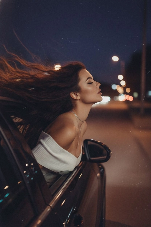 Создайте фото, где я высунула голову из окна машины в тёмную, мечтательную, размытую, винтажную ветреную ночь, в белом трикотажном топе с открытыми плечами. ракурс боковой. Голова чутка откинута назад. Машина в движении.  Выражение лица мечтательное, губы немного приоткрыты. Волосы развеваются в движении. Сохраните детали лица в точности. Пожалуйста, не изменяйте черты лица и оставь таким, какое оно есть.