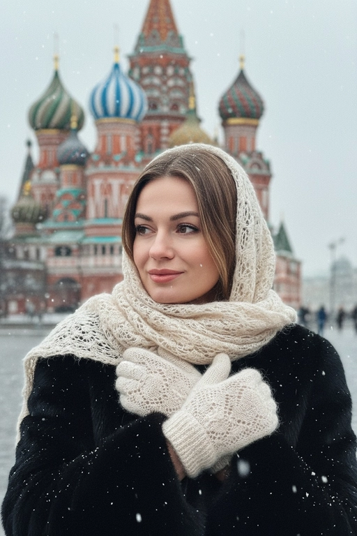 Не изменяйте черты лица. На фотографии портрет груди девушки. На ней чёрная шуба, плечи, голова и грудь обернуты светлым кружевным мохеровым шарфом. На ней также варежки из того же материала. Одна её рука касается другой, а ладони скрещены и мягко лежат на груди. Лицо девушки обращено к камере, взгляд направлен влево. На ней лёгкая задумчивая улыбка, ресницы густо накрашены. Фон — зимний, со снегом и собором Василия Блаженного в Москве. Фон сильно размыт. Идет снег. Легкий эффект холодной зернистости.