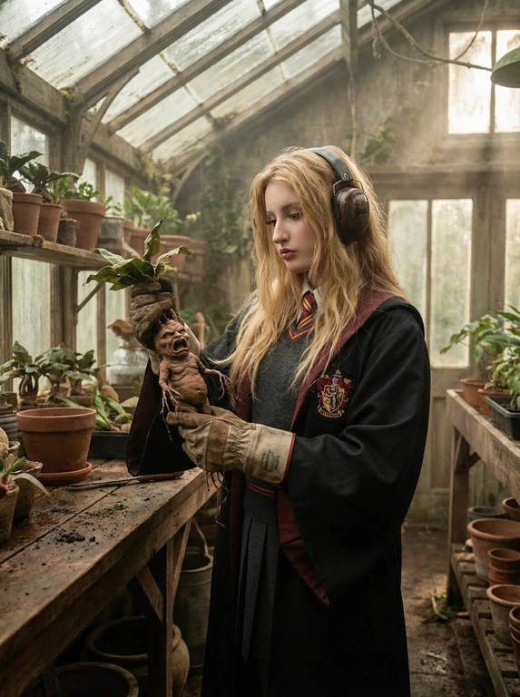  Создай не меняя черты лица.Снимок в стиле фильма, детализированный, фотореалистичный портрет, на котором я - молодая девушка Хогвартса в полном гриффиндорском мундире (серая жилетка, плиссированная юбка, мантия с эмблемой). У меня длинные светло-русые,волнистые волосы. Я стою за длинным деревянным столом в старинной оранжерее для занятий по Травологии. На мне надеты большие защитные наушники и перчатки. Я склонилась, аккуратно держа в руках и осматривая извлечённый из горшка корень Мандрагоры, который вот-вот закричит. Вокруг меня много других мандрагор и горшков с растениями на полках и столе. Обстановка влажная и атмосферная, свет естественный, рассеянный, проходящий сквозь стеклянную крышу. Кинематографическое освещение, объёмный свет, высокая детализация, 8k.
