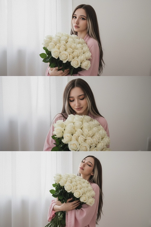 Не меняй черты лица, оставь их точь в точь как на загруженном фото, в том числе макияж и волосы.
Композиция из триптиха изображает женщину дома с цветами
На ней свободная пижама кимоно в пол нежно розового цвета.

На верхнем кадре портрет крупным планом, женщина смотрит в камеру лицо боком в руках у неё огромный букет. На заднем плане светлая стена размыты.

На центральном кадре сверхкрупный план, та же девушка, ее голова слегка наклоненная вперед, она принюхивается к букету, ее глаза закрыты, на лице легкая улыбка.  Кадр снятый с очень близкого расстояния, видно только часть огромного букета и лица  

На нижнем кадре портрет крупным планом изображена всё та же женщина, голова запрокинута вверх глаза закрыты, прижимает все тот же огромный букет к груди

Цветовая палитра приглушена, с нежными розовым, белым
Общий стиль наводит на романтику. Присутствует видимая зернистость.  Букет цветов - белые розы
