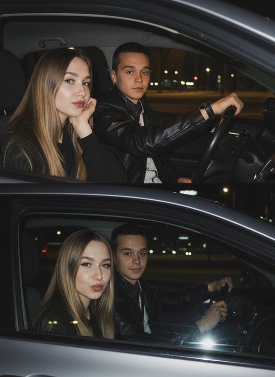 Используй предоставленные изображения и создай коллаж из двух фото, одно под другим. Первое фото сверху: Ночное фото в салоне автомобиля: мужчина за рулем смотрит вперед, его рука с часами на руке. Женщина на пассажирском сиденье, слушает его подперев щеку рукой. Съемка в стиле папарацци с эффектом зернистой пленки, атмосфера интимная. Второе фото: Девушка и парень смотрят в камеру Ночное фото папарацци крупным планом: мужчина за рулём и женщина на пассажирском сиденье смотрят в камеру. Женщина с ухмылкой и губами бантиком, мужчина слегка улыбается, положив руку на руль. Съёмка через пассажирское окно, сочетание ночного света и вспышки, эффект зернистой плёнки.