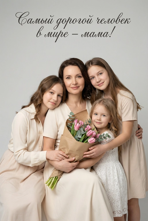 Создай трогательный кадр из профессиональной фотосессии в студии, где запечатлен момент близости матери и ее ребенка/детей. Дети могут быть как взрослыми так и детьми, в зависимости от предоставленных фото. Сделай так, чтобы все они смотрелись гармонично и трогательно. Мама одета в светлое платье. Ее дети/ребенок одеты в подходящую по стилю фотосессии. Освещение холодное. Фон светлый, бесшовный. Фото в стиле Энни Лейбовиц, четкий фокус. У мамы в руках букет розовых тюльпанов и эвкалипта в крафтовой бумаге. Люди смотрят в камеру с мягкой улыбкой. Наверху поверх фото красивым рукописным шрифтом с завитками написано:  Самый дорогой человек в мире – мама!