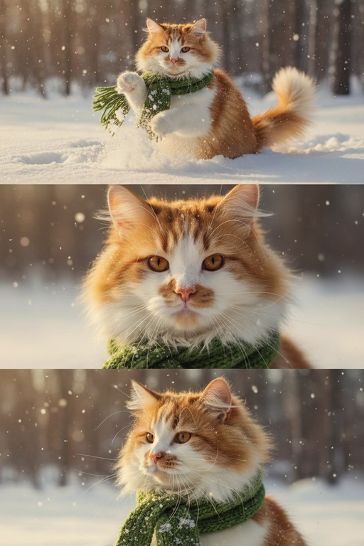     Коллаж из 3-Х фото моего питомца на зимнем фоне в снегу. Питомец в вязаном шарфе, вокруг падает снег, на заднем плане заснеженный лес.

Первый кадр — питомец в полный рост. Он играется со снегом 

Второй кадр — крупный план, увеличенный кадр мордочки питомца с одной снежинкой на носике. Мордочка питомца занимает весь кадр, взгляд прямо в камеру 
 
Третий кадр - портрет питомца, он смотрит в левую сторону. На фото виден шарф, на шарфу есть снежинки 

Три кадра объединены в вертикальный коллаж в едином тоне и свете. Атмосфера — реалистичная, теплая и немного кинематографичная.
Свет мягкий, утренний. Цвет шарфа - зеленый