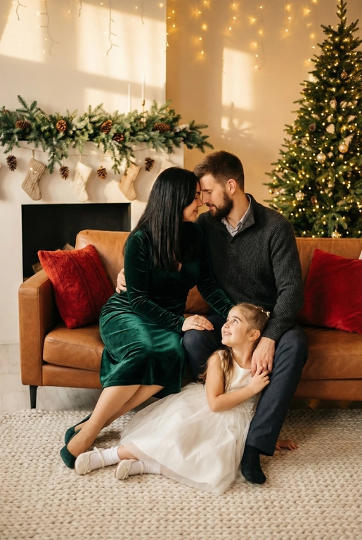   Создай трогательный кадр из профессиональной фотосессии в студии, где запечатлен момент семейной близости. Люди на фото могут быть как взрослыми так и детьми, в зависимости от предоставленных фото. Сделай так, чтобы все они смотрелись гармонично и трогательно. Фото в стиле Энни Лейбовиц, четкий фокус.

Люди в расслабленных позах на низком коричневом кожаном диване и на плотном светлом вязаном ковре. Естественные прически и минимальный макияж. 

Студия украшены в рождественском или новогоднем стиле, рядом с диваном стоит елка, позади дивана камин. Каминная полка украшена еловой гирляндой, шишками и маленькими рождественскими носочками. На диване красные декоративные подушки. В студии висят теплые гирлянды и мягко светятся.  
 
Освещение мягкое, естественное, теплое, в стиле "Золотой час", мягкие тени, камера на уровне глаз, теплый цветовой грейд (золотисто-коричневые тона), натуральные оттенки, тонкая ретушь, мягкая пленочная текстура, атмосфера уюта, семейного тепла и близости. Одежда в новогоднем праздничном стиле, элегантные наряды