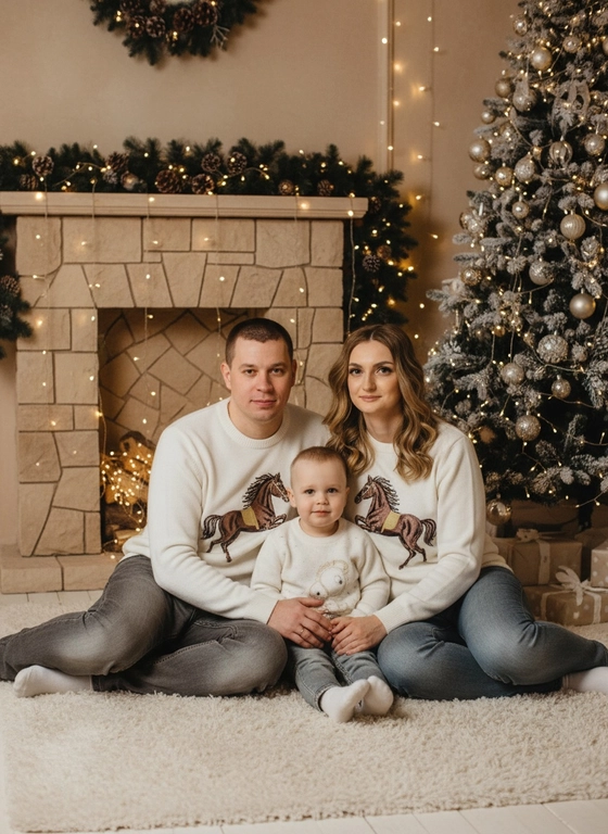   Создай трогательный кадр из профессиональной фотосессии в студии, где запечатлен момент семейной близости. 
Люди в расслабленных позах сидят на пушистом белом ковре. Сын  сидит посередине между родителями. 

Студия украшена в новогоднем стиле, рядом с людьми стоит елка, позади них камин. Каминная полка украшена еловой гирляндой, шишками. В студии висят теплые гирлянды и мягко светятся.  
 
Освещение мягкое, естественное, теплое, в стиле "Золотой час", мягкие тени, камера на уровне глаз, теплый цветовой грейд (золотисто-коричневые тона), натуральные оттенки, тонкая ретушь, мягкая пленочная текстура, атмосфера уюта, семейного тепла и близости. Одежда в новогоднем стиле: уютные свитера белого цвета с вышивкой благородной красивой лошади , серые джинсы и белые носочки. Фото крупным планом. Все смотрят в камеру. 