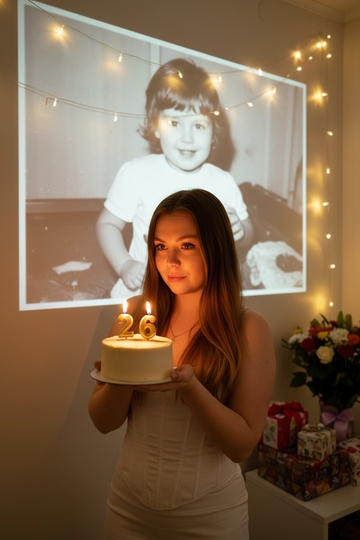 Создай ультрареалистичное фото, сделанное на камеру телефона в комнате, где изображен человек, который держит бенто торт с горящими золотыми свечами. В качестве фона на однотонную стену проецируется фотография из детства. Спроецированное фото занимает большую часть фона. Сочетание образов взрослого человека и ребёнка на фоне создаёт тёплую, ностальгическую атмосферу, подчеркивая связь между прошлым и настоящим. На стене висят гирлянды, рядом со стеной виднеются подарки и букет цветов. Снимок выглядит очень стильным и продуманным, присутствует ощущение праздника и воспоминаний. Не меняй внешность, полностью сохрани черты лица. Свечи на торте в форме числа 26. Женщина одета в молочное корсетное платье.