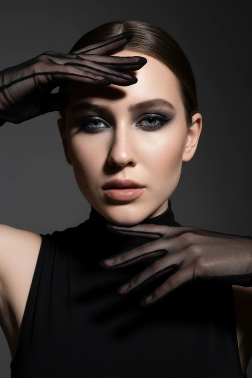 На моей фотографии крупным планом изображена гламурная женщина на темно-сером фоне, в прозрачных чёрных перчатках и чёрном платье. Она позирует, обрамляя лицо руками, отбрасывая на глаза эффектные тени. Яркий макияж глаз с аккуратной подводкой, гладкая и безупречная кожа, кинематографическое освещение, стиль высокой моды, атмосфера таинственности и соблазнительности. 
