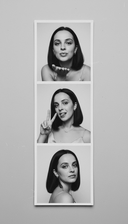  Используя мою фотографию в качестве референса для лица и волос, не изменяя исходные черты лица и сохраняя верность моим физическим характеристикам, создайте ленту из фотографий в ч/б с тремя вертикальными белыми рамками. Лента выглядит так, будто лежит на столе или фоне. Фотографии выглядят профессионально , как будто из настоящей фотобудки. 

В каждой рамке по центру расположены портрет и фотография погрудной проекции одного и того же человека. Взгляд прямо в камеру.

Общая эстетика винтажная, с лёгкой зернистостью и выцветшим качеством, напоминающая классическую аналоговую фотографию. Но при этом изображение выполнено в высоком разрешении. На светло-сером фоне видны едва заметные следы пыли и царапин. Лица человека на белом фоне. 
НЕ ИЗМЕНЯЙТЕ МОЁ ЛИЦО. На верхнем фото девушка посылает зрителю воздушный поцелуй, поднеся правую руку ко рту и слегка поджав губы. Выражение её лица игривое и дружелюбное.  На среднем фото девушка мило и игриво показывает знак мира, высунув язык. Брови слегка приподняты. На нижнем фото девушка позирует, отвернувшись к плечу, смотрит прямо в камеру с более спокойным и уверенным выражением лица. Губы мягко сжаты, взгляд прямой и чувственный. ОДЕЖДА: На ней маленькие серьги-кольца и изящное ожерелье с символом бесконечности поверх светлого атласного или шёлкового топа. На ней естественный макияж, включая глянцевый блеск для губ, лёгкую подводку для глаз и кукольные нарощенные ресницы, без излишеств. У неё квадратный французский маникюр. 