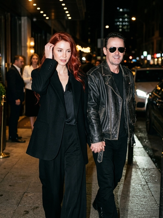 Ultra-realistic nighttime paparazzi-style photograph. A candid shot of a couple walking at night. The woman walks in front, brushing her hair back with one hand, while the man walks slightly behind her at a diagonal angle. They are holding hands. The camera is positioned slightly above eye level with a close zoom.
Preserve the celebrity magazine photography aesthetic exactly.
The faces MUST NOT change. The original facial features, eyes, nose, lips, hairline, and skin texture must remain completely identical. There should be no AI-generated look.

The man is wearing a loose oversized black leather jacket and Ray-Ban sunglasses. Charismatic, wealthy, and stylish look.
The scene is shot at night with a harsh paparazzi flash. In the background, there are blurred city lights and the atmosphere of a luxury venue. The photo should look as if a celebrity couple was secretly photographed by paparazzi, natural yet professionally captured.
Canon EOS R5, 85mm lens, ultra-realistic skin texture, cinematic lighting, natural motion, Vogue and celebrity magazine aesthetic.
IMPORTANT:
* The woman walks in front, the man walks behind.
* The woman appears to be brushing her hair back with one hand.
* The woman and man are holding hands.
* The shot should look as if a paparazzi flash has just fired.
* Do not alter, beautify, or transform the faces into different people.

Выберите одежду для девушки: : The woman is wearing a black old money outfit: relaxed yet extremely elegant, with an oversized black blazer or a loose black top, wide black trousers, and a luxurious minimal appearance. Quiet luxury aesthetic.