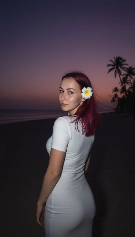 Сделай фото, будто я на пляже, где темно, но кто-то сфотографировал меня со вспышкой, и мое лицо немного блестит и светится, заднем плане закат, как будто солнце село на 98%, оставив фиолетовый оттенок, и само по себе почти темно. Фото сделано из-за моей спины, как будто  мне сказали, повернуться. Я в белом облегающем платье с цветком, заправленным в волосы. Волосы должны развеваться так, как будто дует слегка ветер.