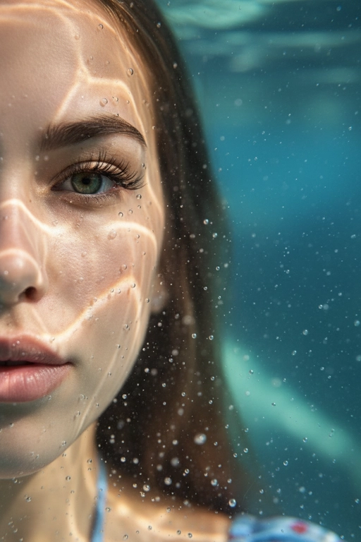 Гиперреалистичный, сверхдетализированный
макропортрет, на котором запечатлена только левая половина человеческого лица, погруженного под воду. Один глаз находится в резком фокусе у крайнего левого края кадра. Лучи света создают динамичные блики на коже, подчеркивая поры, влажные губы, ресницы и тонкие текстуры, создавая эффект реалистичного рассеивания под поверхностью. Капли и пузырьки воздуха придают глубину и подвижность.
Кинематографическое подводное освещение с мягкими тенями и четкими бликами усиливает сюрреалистическую, сказочную атмосферу.
Чрезвычайно малая глубина резкости, фотореалистичный рендеринг. Не меняй внешность, полностью сохрани черты лица.