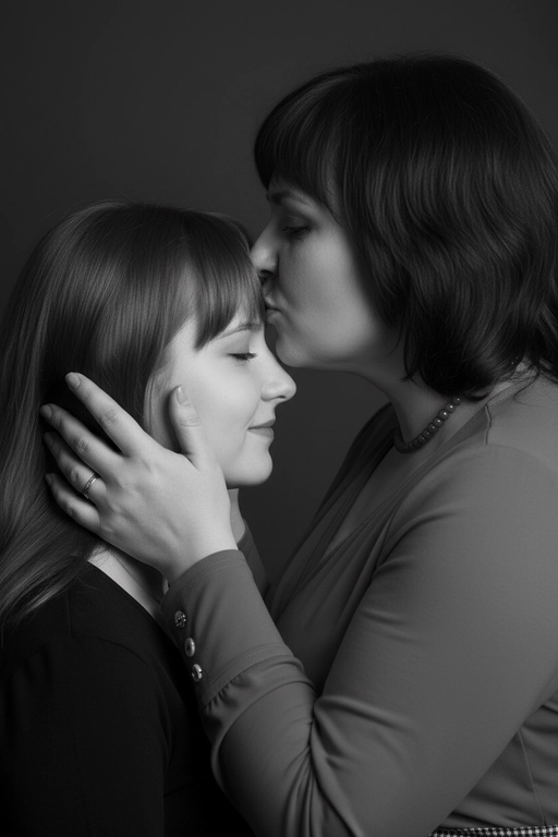 Профессиональное студийное фото, чёрно-белый крупный портрет взрослой женщины и второго человека (это ее сын или дочь). Камера очень близко, объектив 85mm, f/2.0, малая глубина резкости, фокус на ресницах младшего. Боковой ракурс 3/4 слева: старшая выше, в профиль, целует младшего в центр лба. Её обе руки обрамляют лицо младшего, пальцы по бокам щёк, большие под ушами. Младший тоже в профиль с лёгкой улыбкой и закрытыми глазами. Гладкий тёмный фон, мягкий свет слева под 45°, глубокие тени, высокий контраст, реалистичная текстура кожи, отсутствие шума, качество как у профессионального фотографа. Лица должны быть полностью узнаваемыми, соответствовать исходным референсам без искажений, без изменения пропорций и черт.