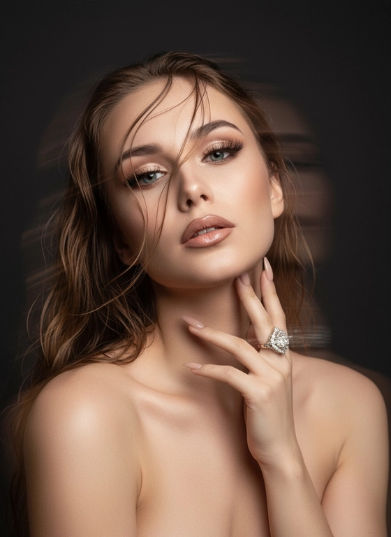 Создайте портрет женщины с длинными, волнистыми, влажными волосами, свободно ниспадающими на плечи, некоторые пряди прилипают к лицу. Она чувственно смотрит в камеру, слегка откинув голову назад, словно наслаждаясь мгновением покоя или чувственности. Её рука нежно лежит на шее, на пальце – эффектное сверкающее кольцо. Плечи опущены. Тёмный, почти однотонный и размытый фон подчёркивает силуэт и лицо женщины. Весь образ мастерски передан с помощью размытия в движении и световых бликов, которые создают ощущение естественного, сказочного движения головы и руки. Мягкие, тёплые тона, лёгкое свечение кожи и губ создают интимную, чувственную и таинственную атмосферу. Эффекты: размытие в движении, художественная длительная выдержка, тёплые тона, атмосфера сновидения. Макияж выразительный: длинные чёрные ресницы, бежевые тени с лёгким мерцанием, выразительные контуры и румяна, безупречная кожа и пухлые губы с нюдовым блеском и тёмно-коричневым карандашом для губ. Ухоженные брови с эффектом Bravenlifting. Длинные, заостренные ногти. Реалистичное фото, как будто снято на профессиональную камеру. Сохраните черты лица такими, какие они есть.