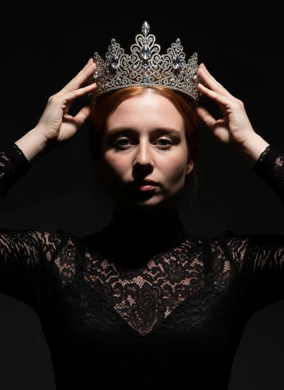 Модный портрет женщины крупным планом, стоящей прямо перед камерой, со слегка приподнятым подбородком. Она держит двумя руками почти над головой искусно выполненную корону с богатым филигранным орнаментом и крупными сверкающими драгоценными камнями. Корона находится в резком фокусе, отбрасывая тень на лицо. Освещение падает сверху, подчёркивая корону и создавая драматичный, контрастный эффект. Тёмная тень на лице усиливает ощущение таинственности и элегантности. Её платье – из тонкого чёрного кружева с высоким воротом. Фон темный, усиливая драматизм. Корона цвета белого золота.