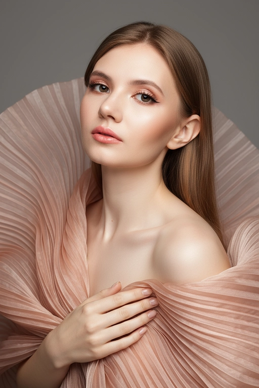    Создайте гиперреалистичный профессиональный студийный портрет женщины с волосами, уложенными на ровный пробор посередине, которые каскадом ниспадают на левое плечо (справа от зрителя) и частично скрыты за правым плечом (слева от зрителя). Камера снимается с немного низкого уровня глаз, глядя прямо на модель, охватывая ее от середины груди и выше. Голова слегка наклонена, взгляд прямой и притягательный.
Ее кожа безупречно гладкая и интенсивно сияет, словно подсвеченная мощным, сфокусированным источником света, подчеркивая мельчайшие поры и естественную текстуру кожи с сияющим, почти воздушным свечением, особенно в области декольте, плеч и верхних линий лица.

Её макияж тщательно проработан:
Глаза: чётко очерченные, ухоженные брови с заметными волосками, мягкие тени тёплых тонов (персиково-розовые и светло-коричневые) с лёгким мерцанием, чёткая чёрная подводка для глаз, создающая нежный кошачий взгляд, и идеально распущенные, объёмные ресницы, подчеркивающие каждую ресничку, с лёгким акцентом на нижних ресницах. Во внутреннем уголке глаза выделяется яркий блик. Радужки глаз отражают рассеянный студийный свет с изысканными узорами.
Щёки: лёгкий, растушёванный румянец натурального розового или персикового оттенка, изящно очерченные скулы и интенсивный, почти влажный блик на выступающих частях лица (скулы, переносица, дуга Купидона), создающий эффект увлажненности и сияния. Губы: губы нежного, естественного кораллово-розового или розово-персикового цвета с мягким атласным финишем, подчеркивающим тонкие естественные линии и текстуру губ, с лёгким бликом на дуге Купидона.

Она изящно одета в объёмную, струящуюся ткань с изящной плиссировкой, напоминающую прозрачный атлас или шёлк. Плиссированная ткань эффектно обрамляет фигуру, создавая объёмную, почти органичную форму, которая высоко поднимается за головой и огибает левое плечо (правое для зрителя), изящно струясь по груди и открывая обнажённые плечи. Материал обладает лёгким, сияющим блеском и мягкой полупрозрачностью, улавливая и отражая студийный свет, подчёркивая его роскошную текстуру и плавные движения. Складки очень детализированы, создавая глубокие тени и яркие блики, которые подчёркивают волнистую форму, а некоторые участки ткани также демонстрируют повышенную светоотражающую способность. Её правая рука (левая для зрителя) нежно касается ткани у груди, на ней видны ухоженные ногти. Освещение выполнено по принципу софтбокса, но с более сильным, концентрированным основным светом для создания интенсивного свечения, сохраняя при этом мягкие тени, которые подчёркивают черты её лица и изгибы плеч без резкости. Фон — гладкий, однотонный средне-серый, обеспечивающий чистый контраст и полностью фокусирующийся на модели. Общее впечатление — утончённая элегантность, изящество и гиперреалистичная детализация, передающая каждый нюанс её красоты, выражения лица и сложную текстуру её волос, кожи и одежды. Черты лица и особенности её внешности должны быть точно воспроизведены с референсной фотографии. Плиссированная ткань нежного, приглушённого персикового или пыльно-розового цвета