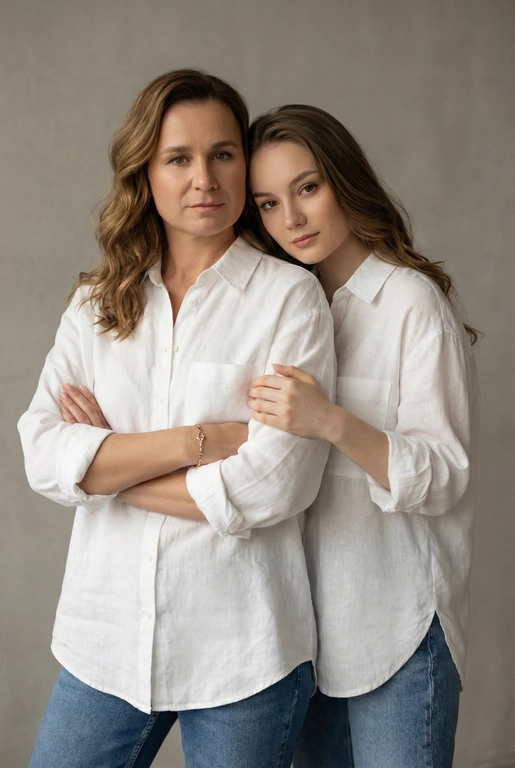 Используй эти два фото мамы и дочери и создай для них студийный портрет в чистом и элегантном стиле. Они стоят рядом, очень близко друг к другу. Дочь мягко обнимает маму за руку и слегка к ней прижимается со спины. Мама сложила руки перед грудью. Образ минималистичный, современный и стильный. На руке у матери тонкий золотой браслет. Профессиональный макияж и прическа.  Не менять черты лица ни на 1 процент. Фон — нейтральный серый с мягкой текстурой. Освещение рассеянное, мягкое, подчёркивающее естественные тона кожи. Атмосфера тёплая, нежная и спокойная, в стиле журнальной съёмки. Обе в свободных стильных белых рубашках с подвернутыми рукавами и джинсах.