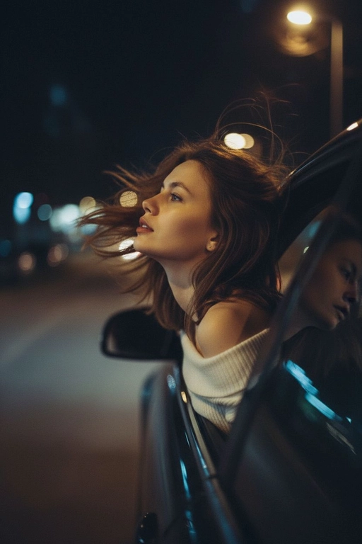 Создайте фото, где я высунула голову из окна машины в тёмную, мечтательную, размытую, винтажную ветреную ночь, в белом трикотажном топе с открытыми плечами. ракурс боковой. Голова чутка откинута назад. Машина в движении.  Выражение лица мечтательное, губы немного приоткрыты. Волосы развеваются в движении. Сохраните детали лица в точности. Пожалуйста, не изменяйте черты лица и оставь таким, какое оно есть.