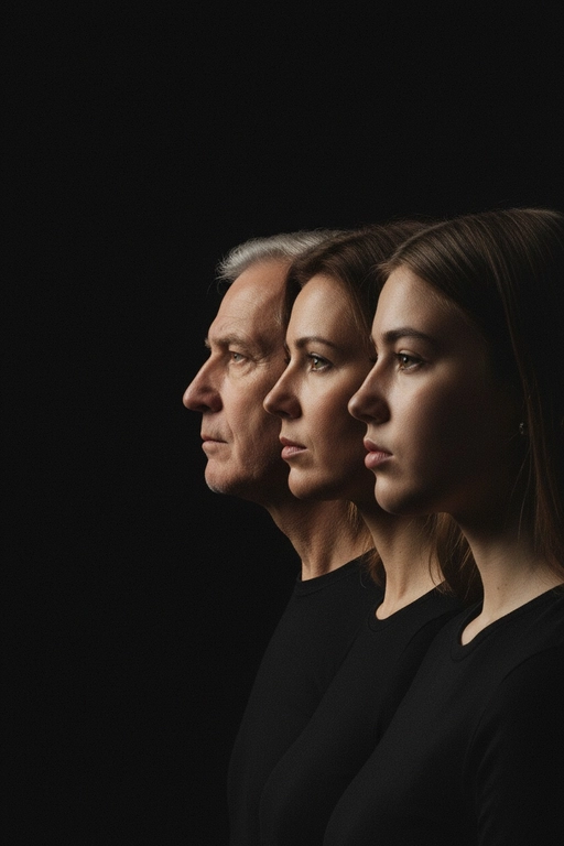 Профессиональный студийный портрет с низким контрастным светом. Головы расположены строго в одну линию, каскадом. боковой профиль, взгляд влево. У всех видны только головы и немного плечи. Черный фон. Черная одежда у всех. Люди занимают весь кадр. 4 человека. Порядок слева на право: отец-> мать-> сын-> дочь.