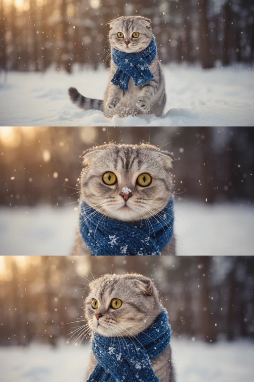     Коллаж из 3-Х фото моего питомца на зимнем фоне в снегу. Питомец в вязаном шарфе, вокруг падает снег, на заднем плане заснеженный лес.

Первый кадр — питомец в полный рост. Он играется со снегом 

Второй кадр — крупный план, увеличенный кадр мордочки питомца с одной снежинкой на носике. Мордочка питомца занимает весь кадр, взгляд прямо в камеру 
 
Третий кадр - портрет питомца, он смотрит в левую сторону. На фото виден шарф, на шарфу есть снежинки 

Три кадра объединены в вертикальный коллаж в едином тоне и свете. Атмосфера — реалистичная, теплая и немного кинематографичная.
Свет мягкий, утренний. Цвет шарфа - голубой