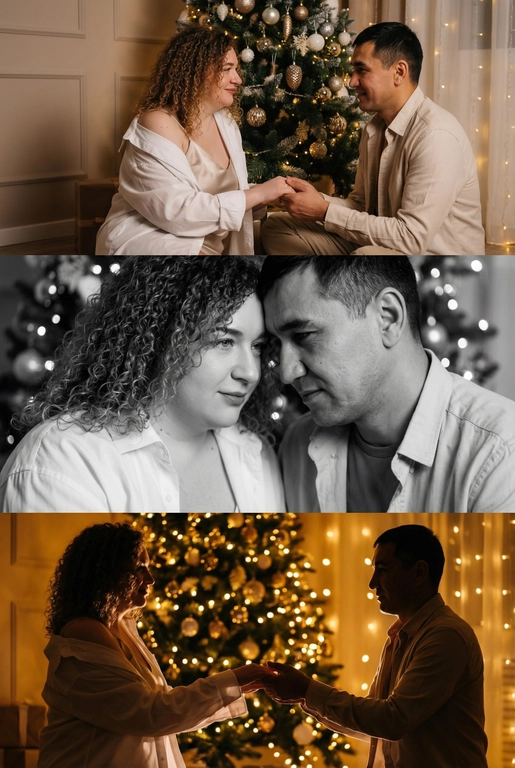 Создай новогодний кинематографичный коллаж, состоящий из трёх горизонтальных кадров друг под другом. Вечер, приглушенный свет, тёплый свет гирлянд, мягкое боке, уютная домашняя атмосфера. 

Кадр 1 (верхний): широкий план. Пара у украшенной новогодней ёлки.
Одежда: девушка в лёгкой белой рубашке, надетой свободно на шелковый топ на тонких бретельках, слегка сползающей с плеч; парень — в светлой рубашке бежево-молочного оттенка. Слабый свет гирлянд, мягкие тени, спокойный романтичный момент.

Кадр 2 (средний): крупный чёрно-белый портрет. Их лица близко, мягкое боке позади. Одежда: те же свободные рубашки, видны только верхние части — мягкая ткань, естественные складки, домашний уют. 

Кадр 3 (нижний): силуэтный кадр на фоне ярких огней. Пара тянется друг к другу. Одежда: светлые рубашки, расстёгнутые манжеты, мягко подсвеченные гирляндами. Золотой свет, много боке, тёплое новогоднее настроение.

Стиль: тёплый, нежный, интимный, романтичный, кинематографичный.