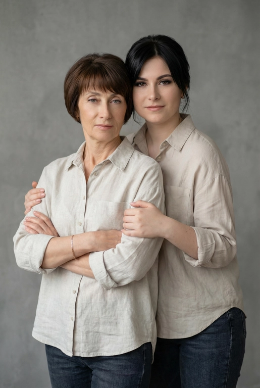 Используй эти два фото мамы и дочери и создай для них студийный портрет в чистом и элегантном стиле. Они стоят рядом, очень близко друг к другу. Дочь мягко обнимает маму за руку и слегка к ней прижимается со спины. Мама сложила руки перед грудью. Образ минималистичный, современный и стильный. На руке у матери тонкий золотой браслет. Профессиональный макияж и прическа.  Не менять черты лица ни на 1 процент. Фон — нейтральный серый с мягкой текстурой. Освещение рассеянное, мягкое, подчёркивающее естественные тона кожи. Атмосфера тёплая, нежная и спокойная, в стиле журнальной съёмки. Обе в свободных стильных рубашках рукавами и темных джинсах.