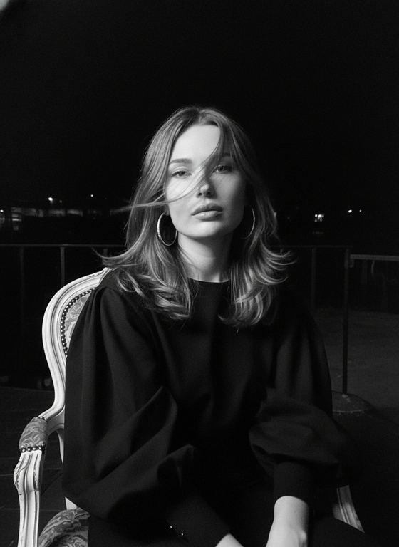 Создайте портрет, перенесите лицо с эталонной фотографии, не изменяя черты лица, пропорции или выражение, сохранив при этом полную индивидуальность. Эстетичная черно-белая ночная фотография Y2K, снятая с использованием прямой вспышки на камере, в движении.
Женщина сидит на кресле, кадр снят с немного приподнятого ракурса. На ней стильный черный топ с объемными рукавами и крупные круглые серьги. Ее тело слегка движется, создавая естественное размытие движения на лице и плечах, как будто момент был запечатлен в середине жеста. Взгляд томный и направлен в камеру. Волосы ниспадают крупными волнами, свободные пряди скользят по лицу, слегка смещенные движением. Освещение резкое, вспышка на фоне глубоких ночных теней, высокий контраст с пересвеченными участками и сильным спадом, видимая зернистость пленки. Текстура кожи остается реалистичной и живой, без сглаживания, усилена бликами вспышки. Атмосфера — от модной фотосессии до парижского шика, чувственности старой аристократии, ночной меланхолии, спонтанности и кинематографичности, снято в стиле 35-миллиметровой пленки с выраженным размытием движения и реалистичностью, присущей повседневной жизни.