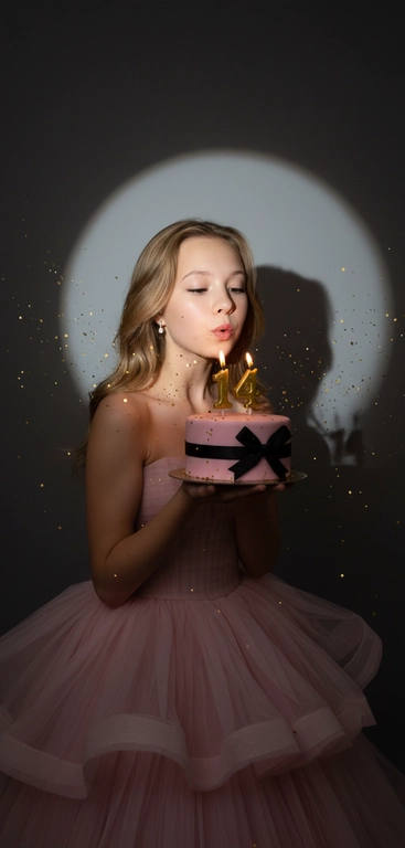 Фотореалистичный портрет женщины с точно таким же лицом, чертами, выражением и цветом волос, как на исходной фотографии - ничего не изменять. Атмосфера - день рождения: мягкий блеск свечи отражается на её лице, в воздухе лёгкие золотистые блёстки, создающие праздничное сияние. Фон темно-серый. Освещение студийное, контрастное, с кругом света на фоне, создающим выразительную тень. Волосы - волнистые, мягко подсвечены. Она немного стоит полубоком. Женщина держит в руках маленький праздничный торт, украшенным чёрными лентами и изящной цифрой из золотых свечей; Она сдувает свечу. Она одета в розовое пышное платье, в руках тор и свечки цифрой 14
