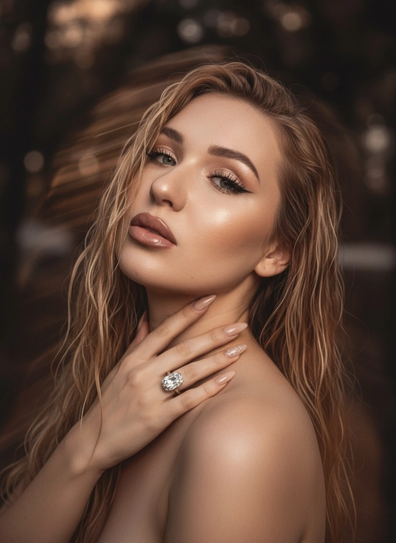 Создайте портрет женщины с длинными, волнистыми, влажными волосами, свободно ниспадающими на плечи, некоторые пряди прилипают к лицу. Она чувственно смотрит в камеру, слегка откинув голову назад, словно наслаждаясь мгновением покоя или чувственности. Её рука нежно лежит на шее, на пальце – эффектное сверкающее кольцо. Плечи опущены. Тёмный, почти однотонный и размытый фон подчёркивает силуэт и лицо женщины. Весь образ мастерски передан с помощью размытия в движении и световых бликов, которые создают ощущение естественного, сказочного движения головы и руки. Мягкие, тёплые тона, лёгкое свечение кожи и губ создают интимную, чувственную и таинственную атмосферу. Эффекты: размытие в движении, художественная длительная выдержка, тёплые тона, атмосфера сновидения. Макияж выразительный: длинные чёрные ресницы, бежевые тени с лёгким мерцанием, выразительные контуры и румяна, безупречная кожа и пухлые губы с нюдовым блеском и тёмно-коричневым карандашом для губ. Ухоженные брови с эффектом Bravenlifting. Длинные, заостренные ногти. Реалистичное фото, как будто снято на профессиональную камеру. Сохраните черты лица такими, какие они есть.