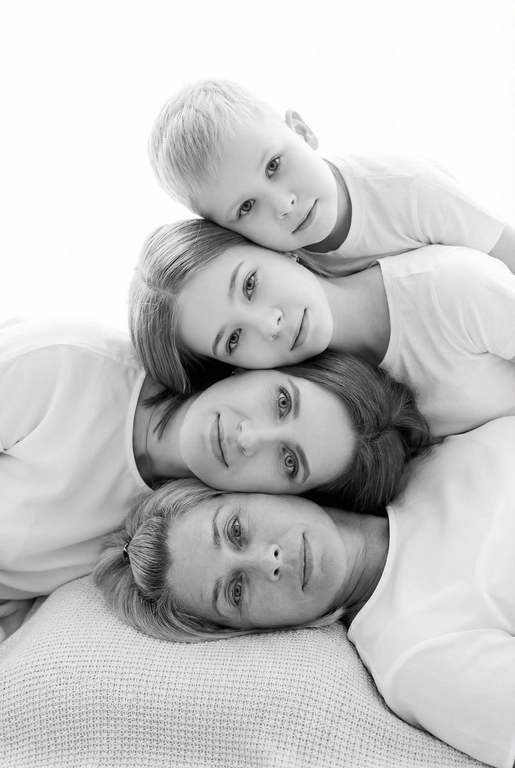 На основе предложенных фотографий, создай чёрно-белый профессиональный студийный портрет для этих людей, снятый сверху (top-down, overhead shot). Сохрани настоящие лица, возраст и индивидуальные черты людей.
Композиция «снизу вверх», шахматный порядок:
﻿﻿самый старший человек находится внизу, как мягкая подушка, его голова опирается на нейтральную студийную поверхность (например, плед или подушка);
следующие люди аккуратно и легко расположены на старшем человеке в шахматном порядке, их голова слегка приподнята, без ощущения давления; ﻿﻿

Несмотря на шахматное расположение, головы выстроены строго в одну вертикальную линию, взгляд в камеру.
Расположи их по убыванию возраста.

Видны только головы и плечи. Выражения мягкие, спокойные, нежные. Одежда однотонная, светлая или нейтральная, элегантная, без чёрного цвета.
Фон - чистый студийный, без пола и лишних деталей, создающий эффект «воздушного» портрета.
Стиль и освещение:
Студийная высококачественная чёрно-белая фотография (high-key).
Мягкий ровный свет сверху, минимум теней. Чистый фон; фотореализм, высокая детализация лиц, аккуратная текстура кожи; 8K.
