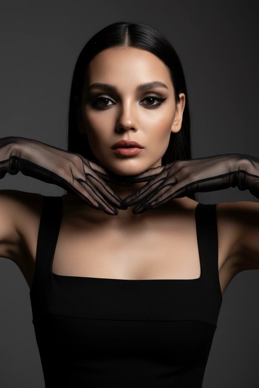 На моей фотографии крупным планом изображена гламурная женщина на темно-сером фоне, в прозрачных чёрных перчатках и чёрном платье. Она позирует, обрамляя лицо руками, отбрасывая на глаза эффектные тени. Яркий макияж глаз с аккуратной подводкой, гладкая и безупречная кожа, кинематографическое освещение, стиль высокой моды, атмосфера таинственности и соблазнительности. 