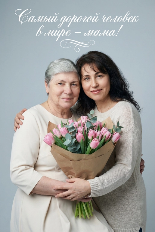 Создай трогательный кадр из профессиональной фотосессии в студии, где запечатлен момент близости матери и ее ребенка/детей. Дети могут быть как взрослыми так и детьми, в зависимости от предоставленных фото. Сделай так, чтобы все они смотрелись гармонично и трогательно. Мама одета в светлое платье. Ее дети/ребенок одеты в подходящую по стилю фотосессии. Освещение холодное. Фон светлый, бесшовный. Фото в стиле Энни Лейбовиц, четкий фокус. У мамы в руках букет розовых тюльпанов и эвкалипта в крафтовой бумаге. Люди смотрят в камеру с мягкой улыбкой. Наверху поверх фото красивым рукописным шрифтом с завитками написано:  Самый дорогой человек в мире – мама!