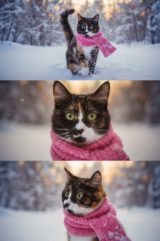     Коллаж из 3-Х фото моего питомца на зимнем фоне в снегу. Питомец в вязаном шарфе, вокруг падает снег, на заднем плане заснеженный лес.

Первый кадр — питомец в полный рост. Он играется со снегом 

Второй кадр — крупный план, увеличенный кадр мордочки питомца с одной снежинкой на носике. Мордочка питомца занимает весь кадр, взгляд прямо в камеру 
 
Третий кадр - портрет питомца, он смотрит в левую сторону. На фото виден шарф, на шарфу есть снежинки 

Три кадра объединены в вертикальный коллаж в едином тоне и свете. Атмосфера — реалистичная, теплая и немного кинематографичная.
Свет мягкий, утренний.  Цвет шарфа - розовый
