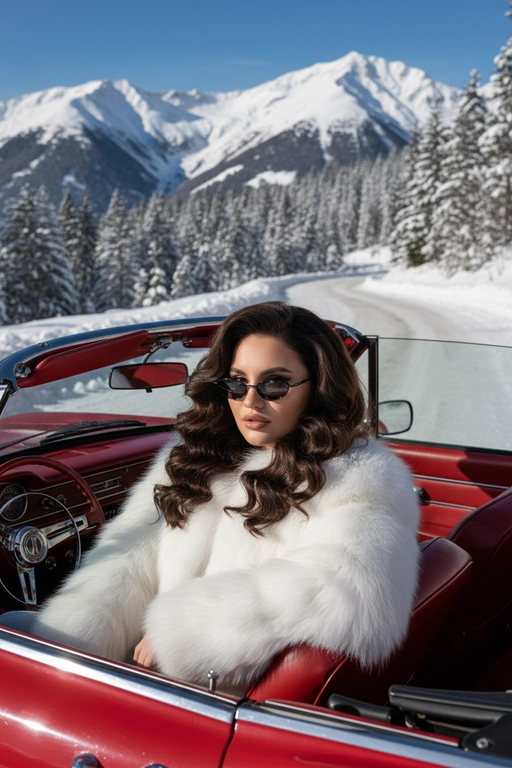Создай изображение,  сохрани внешность и черты лица 
Фотореалистичное изображение роскошной женщины, сидящей в красном винтажном кабриолете с открытым верхом. Зима, вокруг заснеженный хвойный лес и горы. Женщина одета в огромную пушистую белую шубу и темные узкие солнцезащитные очки.  У нее объемная укладка с локонами в стиле супермоделей 90-х. Салон машины из красной кожи. Яркий дневной свет, глянцевая фотография, высокая детализация, эстетика "жены мафиози" (mob wife aesthetic), атмосфера курорта Куршевель.