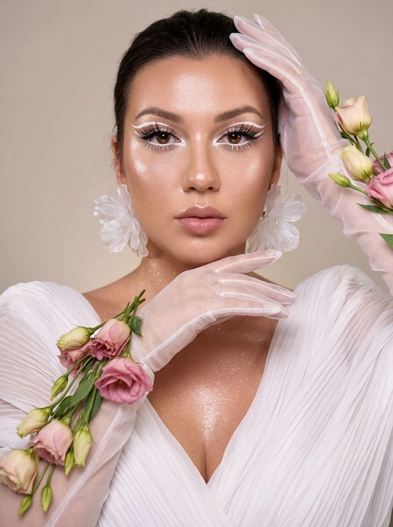 Создай крупный портрет в стиле высокой моды, не меняя черты лица. Элегантный макияж глаз с длинными острыми белыми двойными изогнутыми стрелками, длинные густые ресницы эффект лучики, нижние густые ресницы накрашены белым, белый каял карандаш на нижнем веке, белый хайлайтер во внутренних уголках и на скулах. Тело и декольте подсвечены хайлайтером и шиммером. На ушах объемные полупрозрачные белые серьги-цветы. Высокая детализация текстур кожи и одежды. Лицо освещено ярким белым светом, изящный кадр с нежным светом, мягко обволакивающим фигуру и подчеркивающим пышные складки белого платья из тонкой плиссированной ткани, создающей легкость. В длинных полупрозрачных перчатках, добавляющих изысканности и загадочности. По запястьям из-под перчаток и по предплечьям живые цветы — розовые и кремовые бутоны эустомы и листья, контрастирующие с кожей и блеском перчаток. Лицо обращено к камере, выражение спокойствия и мечтательности, с влажной сияющей кожей. Равномерно светлый нейтральный фон акцентирует фигуру и детали, тени размыты, создавая атмосферу тепла и уюта. Композиция сосредоточена на верхней части тела и руках, подчеркивая грациозность и изящество, фотореалистичное изображение, высокая детализация, 8K, высокая контрастность. Девушка смотрит прямо в камеру.