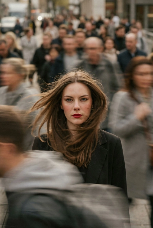   Кинематографичная фотография с эффектом смазанного движения, снятая на Leica SL3 с объективом 50mm Summilux при f/2.8, с фронтального ракурса на уровне груди, с использованием медленной выдержки и панорамирования. Ровный пасмурный дневной свет выступает как мягкий диффузор, позволяя создавать длинные шлейфы размытия без жёсткого контраста. Цветовая тональность — приглушённые бетонно-серые оттенки и нейтральные тона светлой кожи, вдохновлённые фильмами студии A24. Женщина с референса:  волосы застыли в полёте перед лицом, кожа с лёгким румянцем ловит тёплый свет, глаза пронзительно смотрят прямо в камеру, сохраняя неподвижность среди хаоса; губы подчеркнуты насыщенной вишнёво-красной помадой, создающей главный цветовой акцент, на ней сдержанный минималистичный образ. Сотни спешащих прохожих проносятся во всех направлениях, их тела вытянуты в плавные горизонтальные и диагональные размытия. Эмоция — тихий бунт через неподвижность. Эстетика — редакционный покой против хаоса. Постобработка: чистая физика движения, тонкое зерно, без глитчей, без искажений лица и деформаций анатомии. --ar 9:16 -- raw
