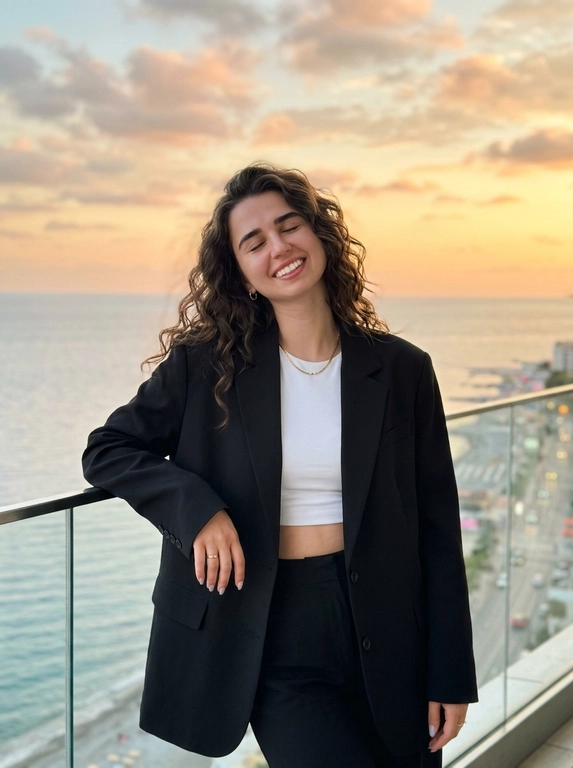 ultra realistic luxury sunset portrait of a woman standing on a balcony with ocean view,  candid instagram aesthetic, taken on iPhone 16 Pro Max. woman standing relaxed near glass railing, body slightly turned sideways, one arm resting on railing, eyes closed enjoying warm sunlight, elegant feminine posture.
outfit: oversized black blazer, fitted white crop top, elegant black trousers, luxury minimal jewelry and watch, classy old money aesthetic.
makeup: soft glam makeup with glowing bronzed skin, natural contour, sharp brows, long lashes, realistic skin texture and warm sunlight highlights.
lighting: warm golden hour sunlight, cinematic sunset glow, realistic natural shadows, soft highlights on hair and skin, luxury evening atmosphere.
background: ocean view, soft cloudy sunset sky, blurred city coastline and road below, cinematic depth, warm dreamy aesthetic.
camera: realistic iphone portrait shot, 50mm lens look, shallow depth of field, focus on woman with softly blurred background.
important: ultra realistic iphone photography, candid luxury influencer vibe, cinematic rich girl aesthetic, natural body proportions, realistic skin texture, film look, no overprocessed ai skin.

Какая будет прическа? : Локоны пляжные