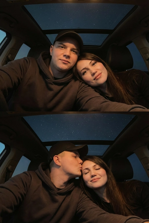 Создай вертикальный коллаж из двух фотографий в одном стиле.
Обе фотографии сняты внутри автомобиля, а через стеклянную крышу видно темное звёздное небо. Фото темное, снято на телефон, Атмосфера тёплая, уютная и романтичная. Фотографии должны быть реалистичными, с мягким освещением, естественными оттенками кожи и одинаковой цветокоррекцией на обеих частях коллажа.
Верхнее фото:
POV селфи: пара лежит рядом, крупный план. Мужчина в тёмной куртке и чёрной бейзболке смотрит в камеру. Женщина лежит, опираясь головой на его плечо, тоже смотрит в камеру. Мягкий свет на лицах, спокойные выражения.Акцент на лица.
Нижнее фото:
Та же композиция и ракурс. POV селфи: Мужчина нежно целует женщину в висок, женщина закрывает глаза с лёгкой улыбкой. Крупный план, фокус на эмоциях. Акцент на лица.